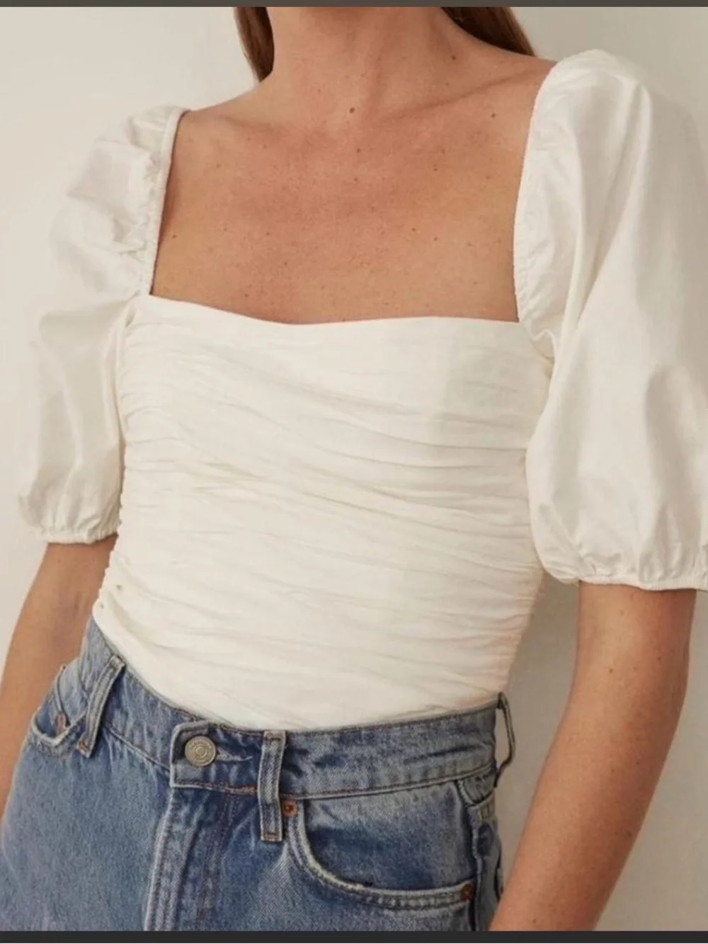 Reformation cotton Classic White Puff Sleeve Square Neck Top